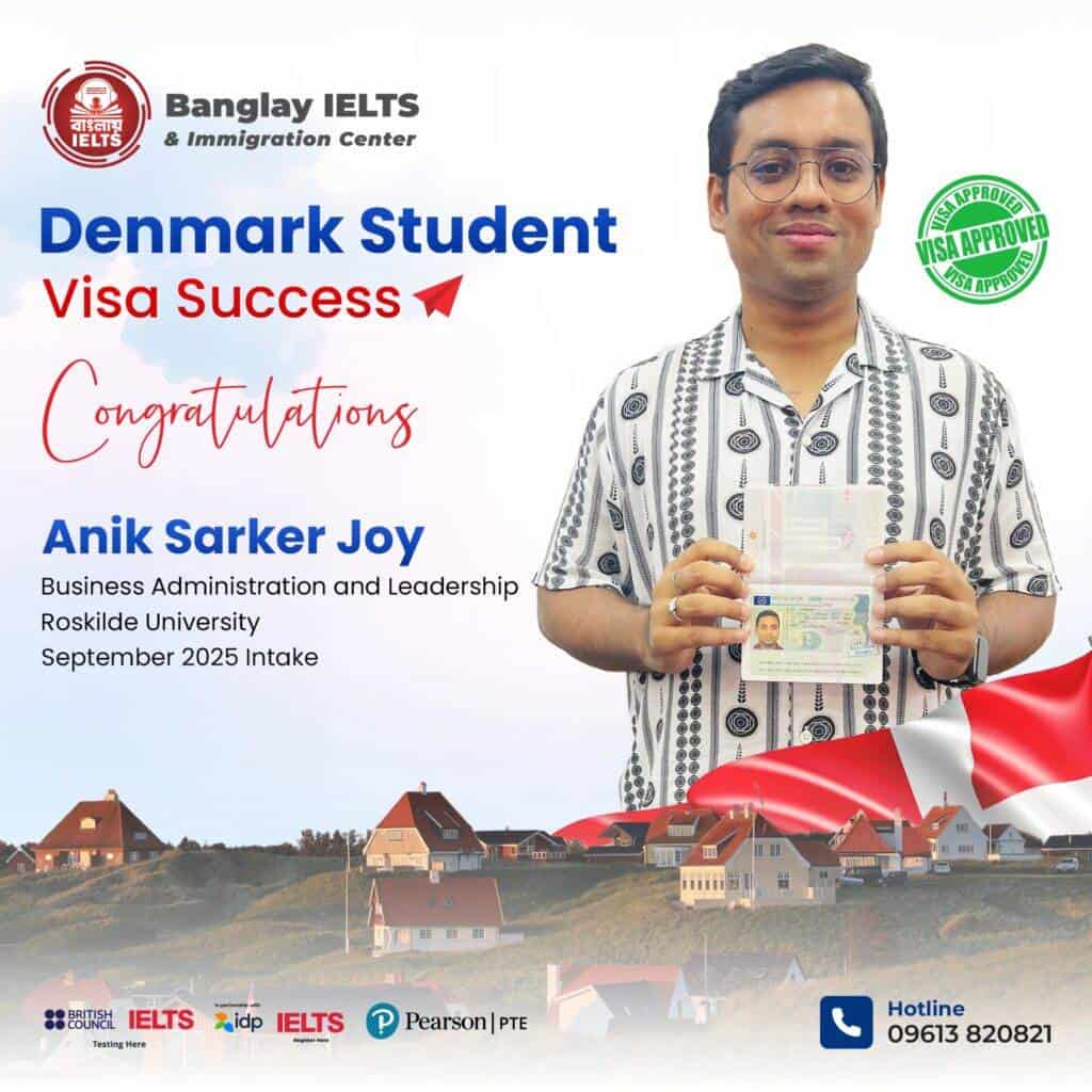 Visa approval for Bangladeshi student in Denmark with IELTS success, holding passport and congratulatory message.