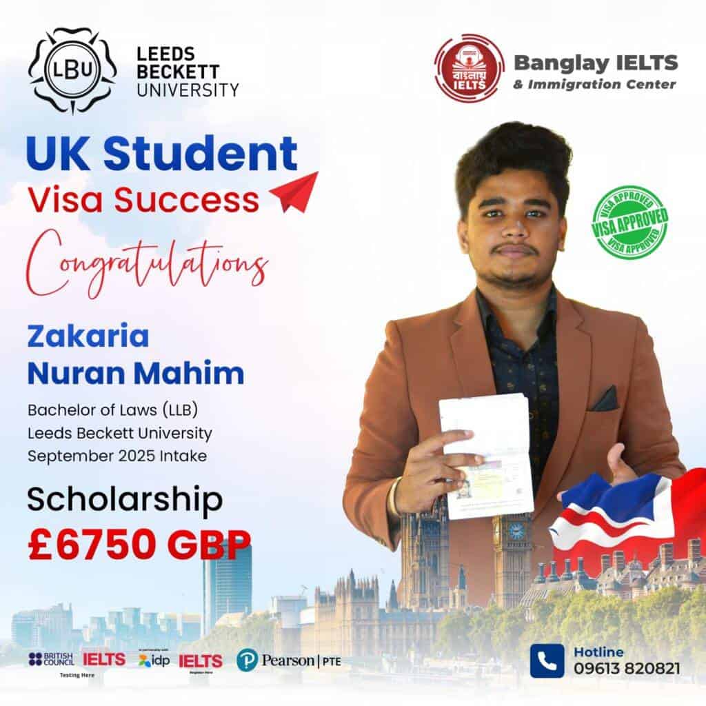 UK student visa success celebration for Banglay IELTS and Leeds Beckett University.