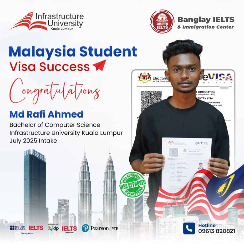 Visa approval for Malaysia student with IELTS success, featuring a confident young man holding official documents.