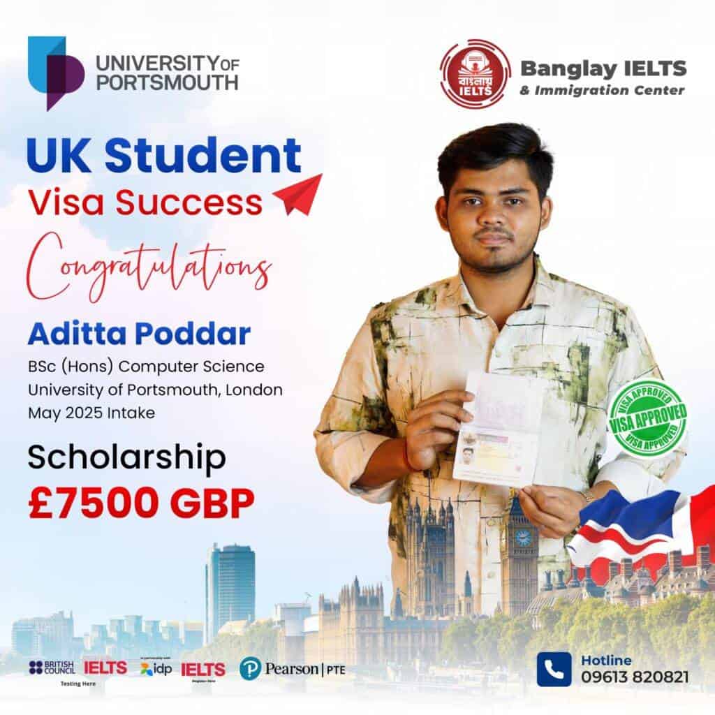 UK student holding immigration documents for Banglay IELTS and University of Portsmouth.