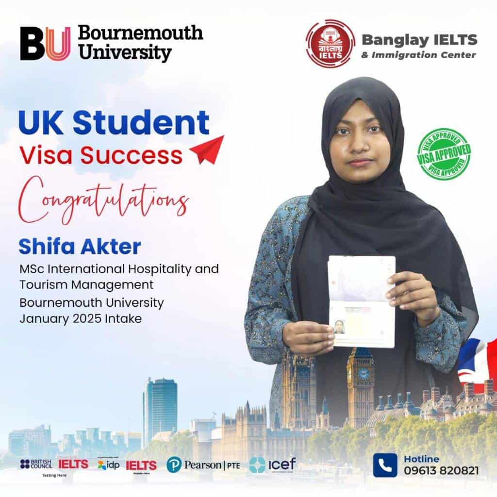 UK student visa success celebration image for Banglay IELTS and Bournemouth University collaboration.