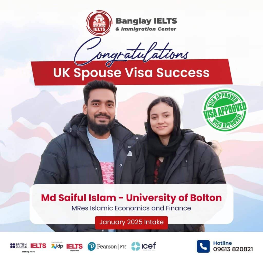 UK spouse visa success celebration at Banglay IELTS and Immigration Center with happy students.