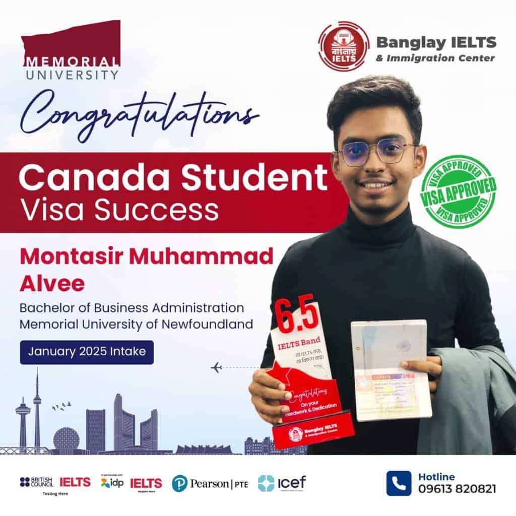Canada student visa success celebration for Banglay IELTS with a smiling young man holding passport and IELTS score report.