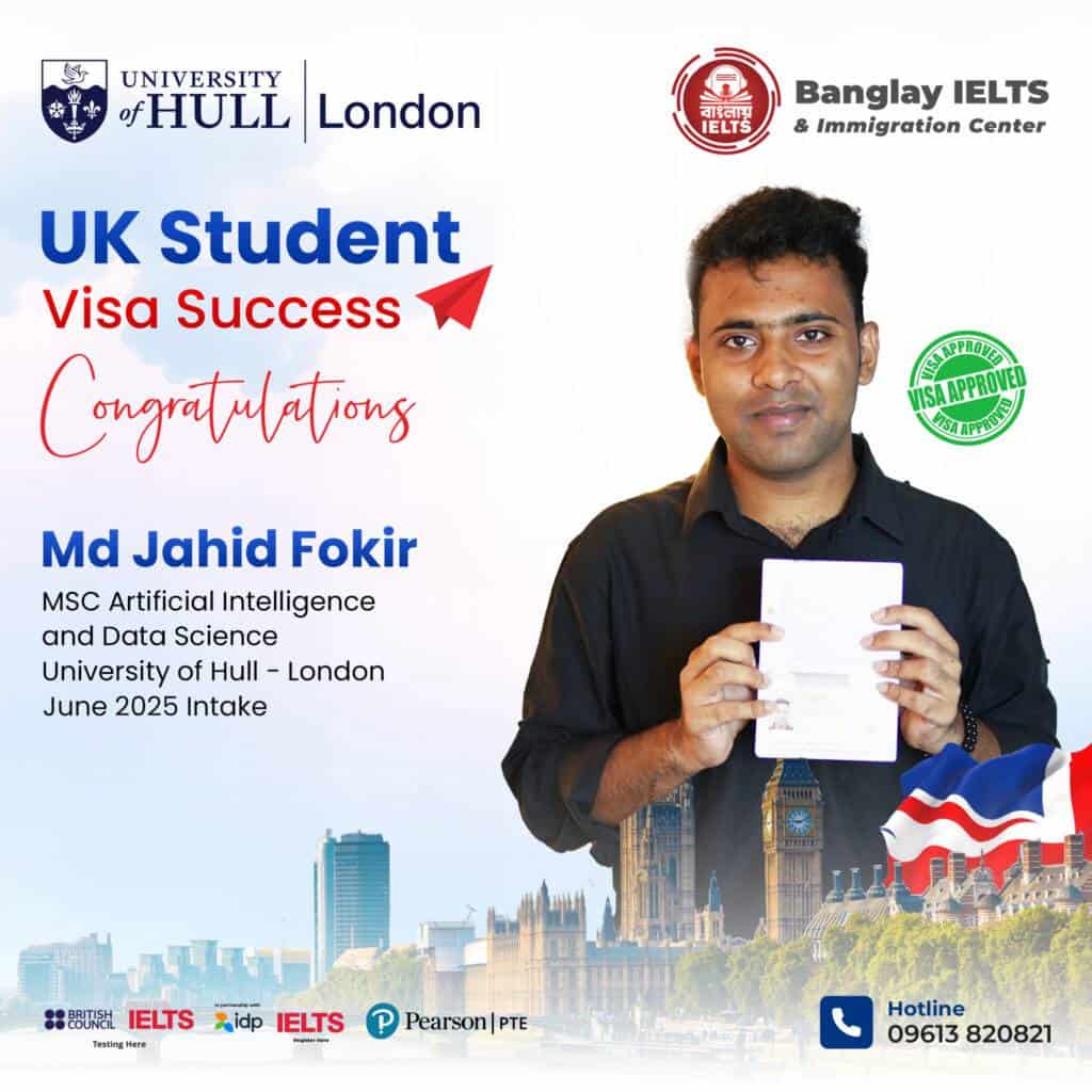 Md Jahid Fokir holding UK student visa success certificate for Bangla IELTS.