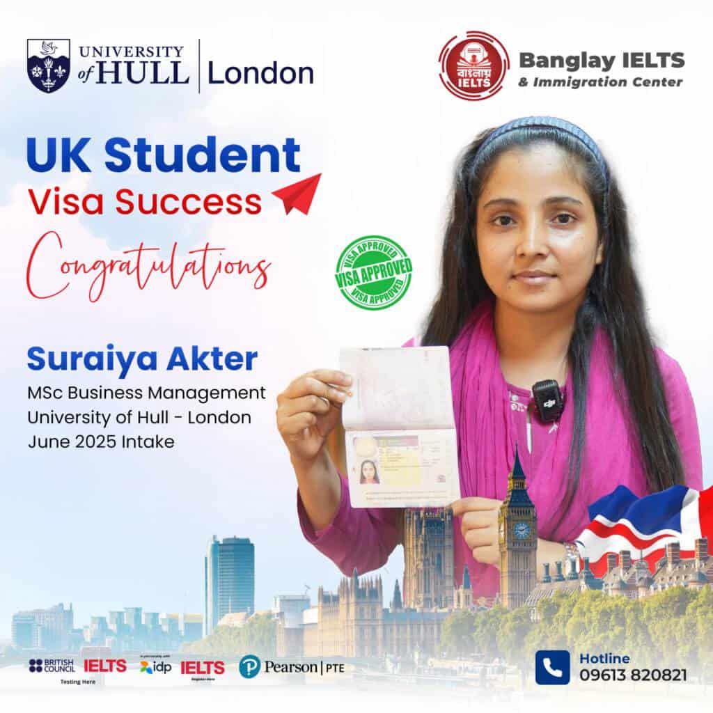 UK student visa success celebration for Banglay IELTS; Suraiya Akter with British passport.