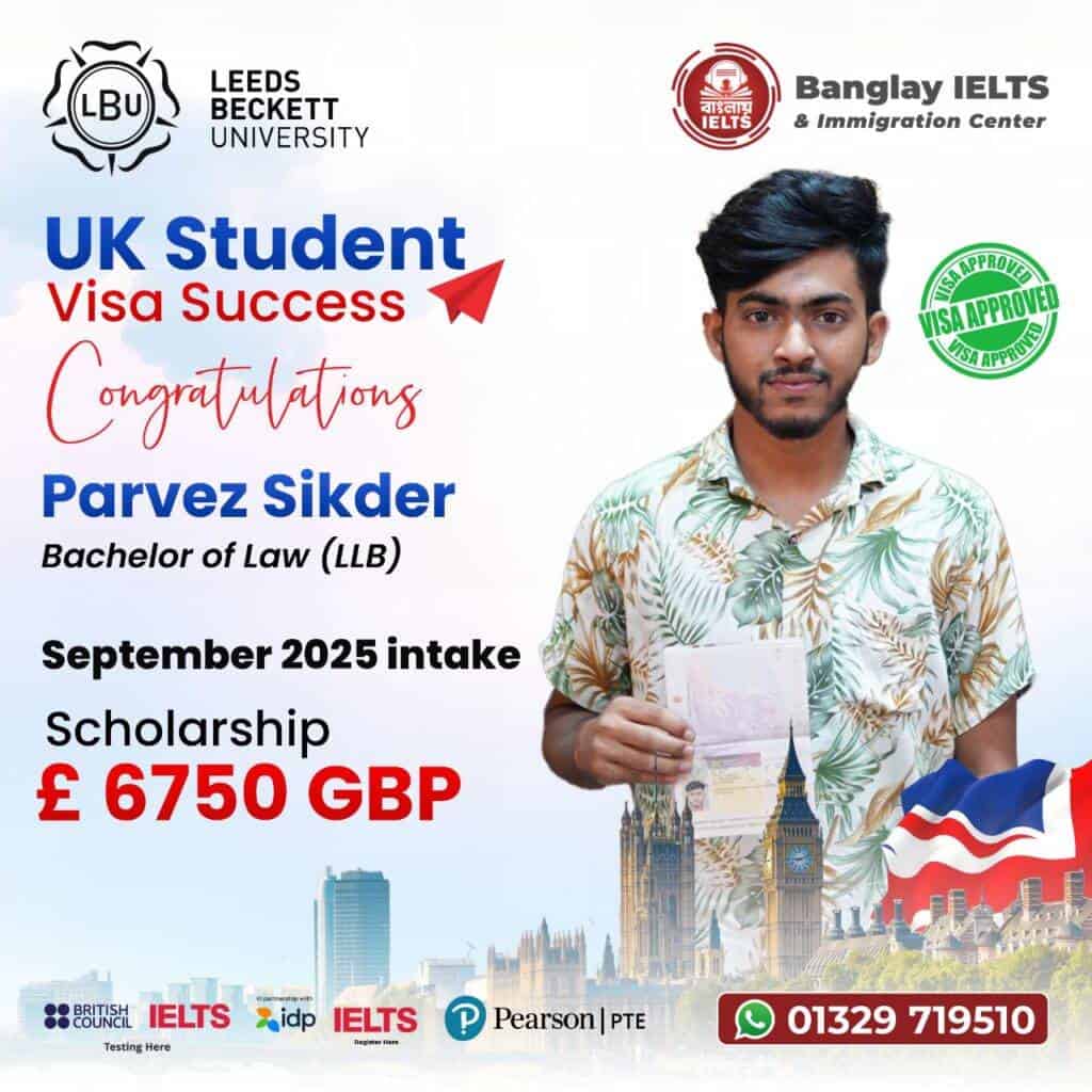 UK student visa success celebration for Banglay IELTS; student holding passport in front of iconic UK landmarks.